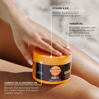 Carroten Intensive Tanning Gel | Browning Tan Accelerator | Non-Greasy, Water-Resistant with Carrot and Coconut Oil | Vitamin A & E For Moisture & Hydration | Made in Greece | 5 Fl Oz